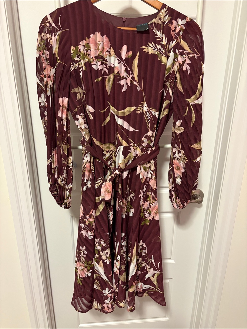 Gabby Skye Burgundy Floral Long-Sleeve Pleated Dress